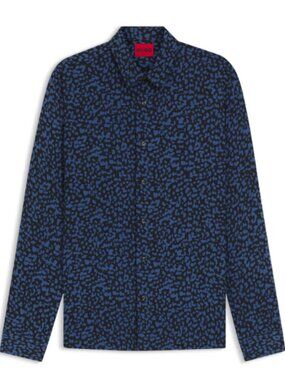 HUGO Boss Slim Fit Button Up Shirt in Abstract Print Poplin Blue Men's Size XL